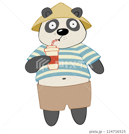 Watercolor drawing of a funny panda in clothes, drinking from a paper cup. For printing postcards, notebooks, on dishes, T-shirts. For designing labels of food products, carbonated or alcoholic drinks Watercolor drawing of a funny panda in clothes, drinking from a paper cup. For printing postcards, notebooks, on dishes, T-shirts. For designing labels of food products, carbonated or alcoholic drinks 124716525