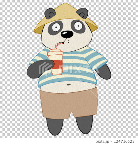 Watercolor drawing of a funny panda in clothes, drinking from a paper cup. For printing postcards, notebooks, on dishes, T-shirts. For designing labels of food products, carbonated or alcoholic drinks Watercolor drawing of a funny panda in clothes, drinking from a paper cup. For printing postcards, notebooks, on dishes, T-shirts. For designing labels of food products, carbonated or alcoholic drinks 124716525