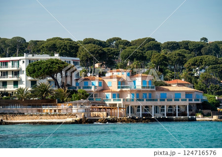 Cap D antibes beach and sea with pine trees and villas in France Cap D antibes beach and sea with pine trees and villas in France 124716576