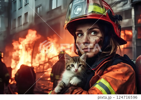 A courageous woman firefighter holding a rescued cat in her arms, surrounded by flames, showcasing bravery and compassion in the face of danger 124716596