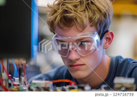A focused teenage boy wearing safety glasses, exploring and assembling electronic components, showcasing interest in technology and hands-on learning A focused teenage boy wearing safety glasses, exploring and assembling electronic components, showcasing interest in technology and hands-on learning 124716739
