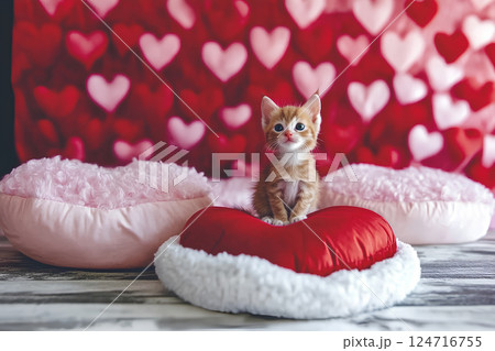 A cute small kitten sitting comfortably on a heart-shaped pillow, exuding warmth and charm in a cozy and affectionate setting 124716755