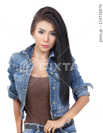 beautiful asian woman model wearing jeans fashion for everyday with white background 124716979