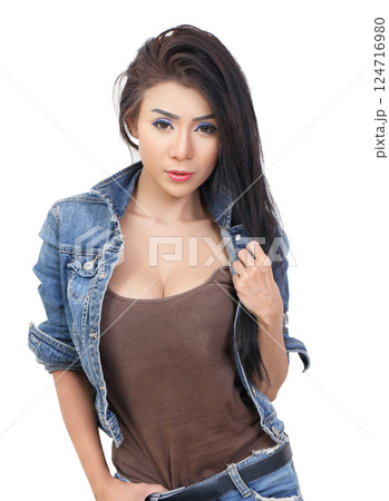 beautiful asian woman model wearing jeans fashion for everyday with white background beautiful asian woman model wearing jeans fashion for everyday with white background 124716980