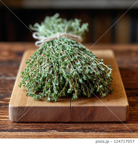 Rustic culinary herb bundle on wooden cutting board for kitchen decor and cooking inspiration Rustic culinary herb bundle on wooden cutting board for kitchen decor and cooking inspiration 124717057
