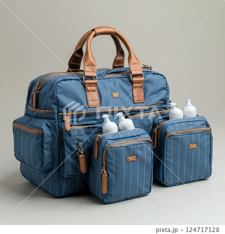 Trendy blue and brown baby diaper bag set with accessories for stylish parents 124717128