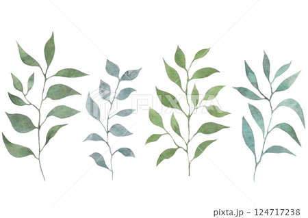 水彩の葉っぱ素材　草木装飾　植物イラスト　葉っぱセット 124717238