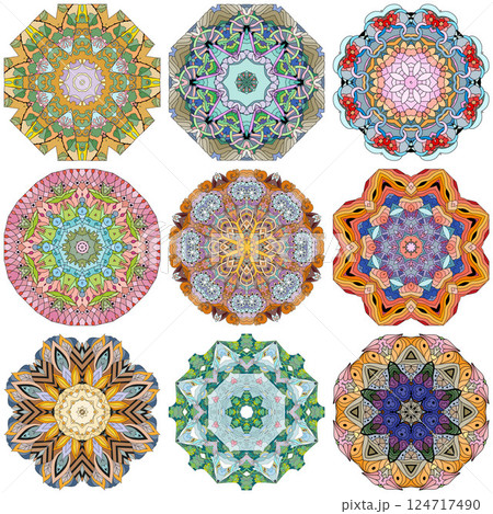 Set of colorful cute Mandalas. Decorative unusual round ornaments. Set of colorful cute Mandalas. Decorative unusual round ornaments. 124717490