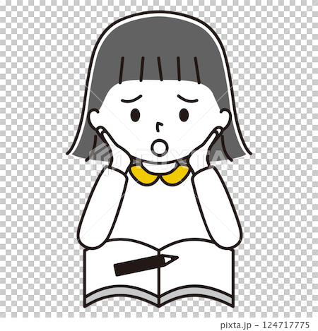 Illustration of a girl holding a notebook and a pencil, hands on cheeks, black hair 124717775