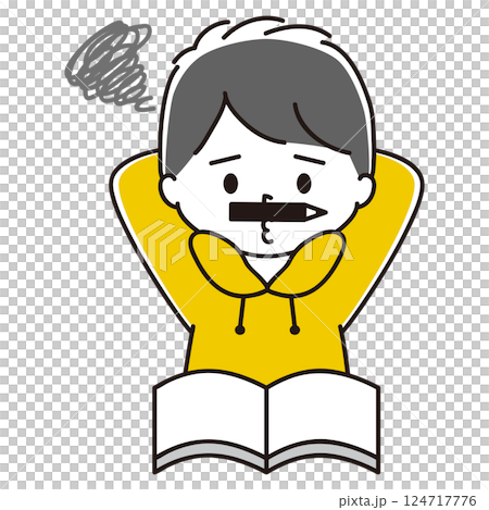 一個男孩用鼻子和嘴巴夾著一支鉛筆,雙手放在頭後面,一頭黑髮,一頭憂鬱的黑髮 一個男孩用鼻子和嘴巴夾著一支鉛筆,雙手放在頭後面,一頭黑髮,一頭憂鬱的黑髮 124717776