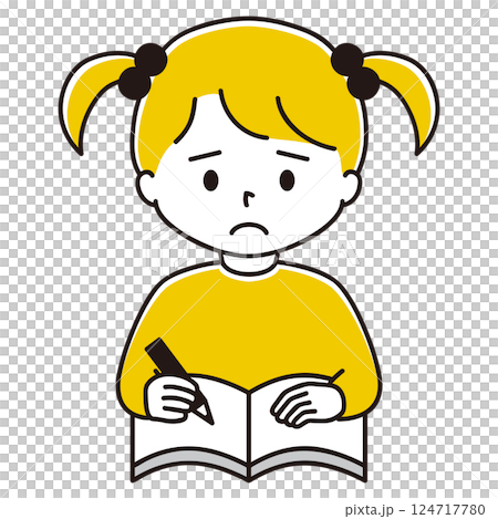 Illustration of a girl holding a pencil and opening a notebook Illustration of a girl holding a pencil and opening a notebook 124717780