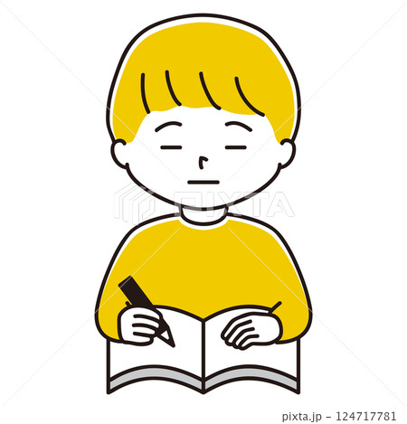 ノートを広げて鉛筆を持つ男の子のイラスト 　無表情　思考停止 124717781