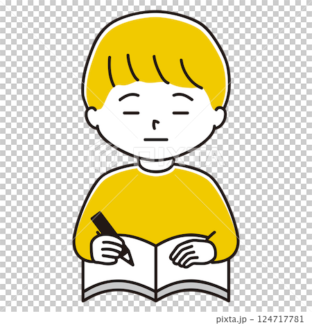 Illustration of a boy holding a notebook and a pencil. Expressionless and thoughtless. Illustration of a boy holding a notebook and a pencil. Expressionless and thoughtless. 124717781