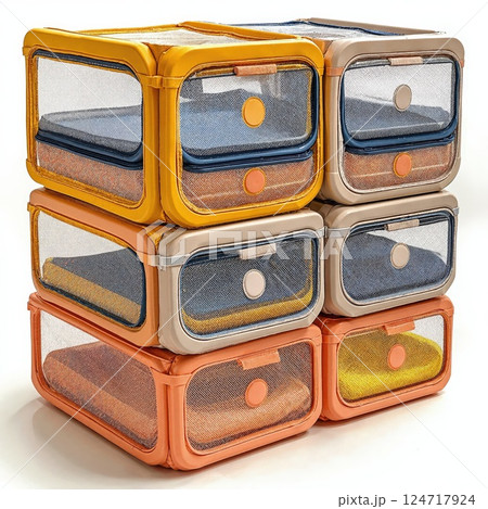 Modern stackable storage boxes with mesh design for home organization and space optimization 124717924