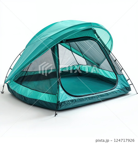 Modern teal camping tent design for outdoor adventures and eco-friendly travel 124717926