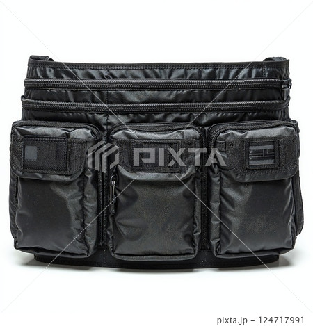 Sleek black tactical waist bag with multiple pockets for outdoor adventure and practical fashion 124717991