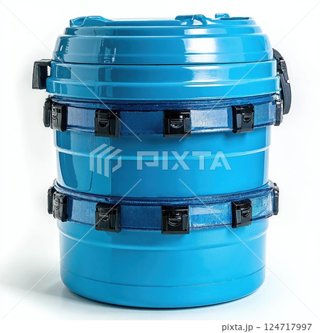 Sleek blue drum design with secure latches for industrial and creative storage solutions Sleek blue drum design with secure latches for industrial and creative storage solutions 124717997