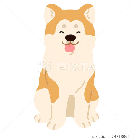 正面を向いてお座りするシンプルで可愛い笑顔の秋田犬のイラスト　主線なし 124718065