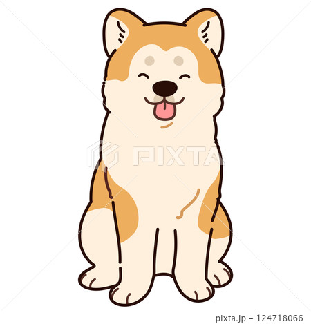 正面を向いてお座りするシンプルで可愛い笑顔の秋田犬のイラスト　主線あり 124718066