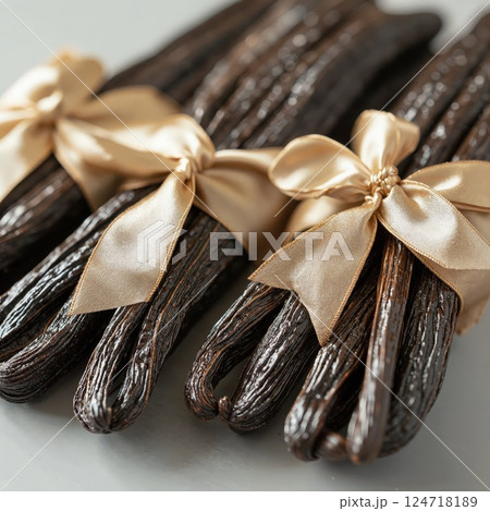 Luxurious vanilla beans tied with elegant gold ribbons for gourmet cooking and aromatic decor 124718189