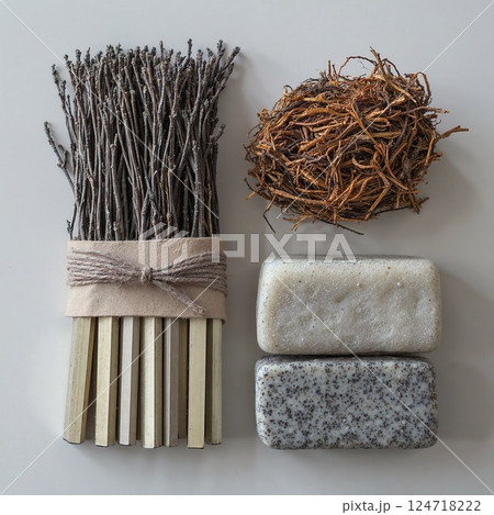 Natural spa essentials: rustic lavender broom and organic handmade soap bars for calming self-care relaxation Natural spa essentials: rustic lavender broom and organic handmade soap bars for calming self-care relaxation 124718222