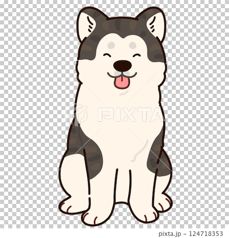 一隻微笑的虎紋秋田犬坐在前方，帶有主線的簡單可愛的插圖 124718353