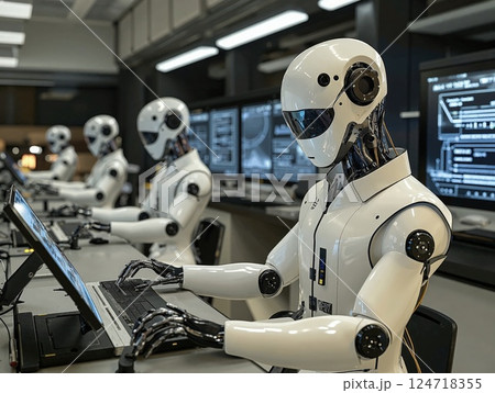 Futuristic robotics in action: humanoid robots at work in high-tech office environment for ai development 124718355