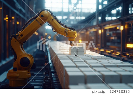 Futuristic robotics in automated industrial assembly line for efficient manufacturing 124718356
