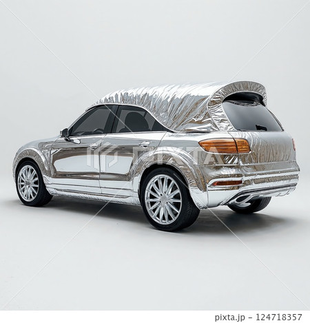 Futuristic silver car with metallic cover showcasing innovative automotive design 124718357