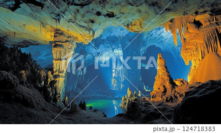 Mesmerizing underground cave with stunning stalactites and vibrant mineral colors creating an enchanting natural wonder for adventurous explorers 124718383