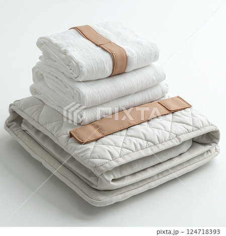 Minimalist folded linens and quilts with leather straps for modern home decor and organization in neutral tones Minimalist folded linens and quilts with leather straps for modern home decor and organization in neutral tones 124718393