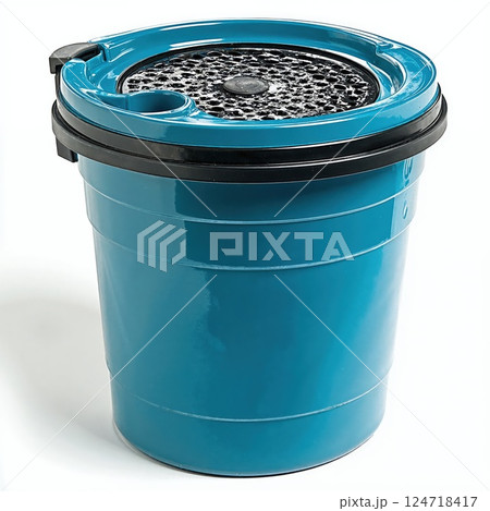 Modern blue cleaning bucket with innovative grit guard for efficient car detailing and maintenance 124718417
