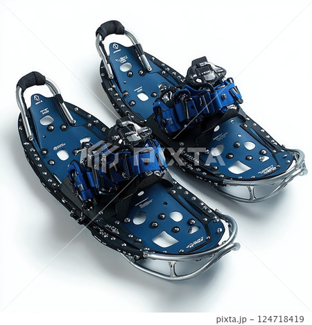 Modern blue snowshoes with adjustable bindings for winter adventures and outdoor exploration 124718419