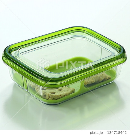 Modern green-lidded glass food storage container with fresh snacks on minimalistic surface Modern green-lidded glass food storage container with fresh snacks on minimalistic surface 124718442