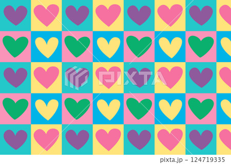 Pattern of multicoloured hearts. Checkered background. Vector illustration. 124719335