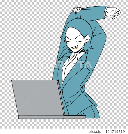 A female office worker stretching in front of a laptop A female office worker stretching in front of a laptop 124719719