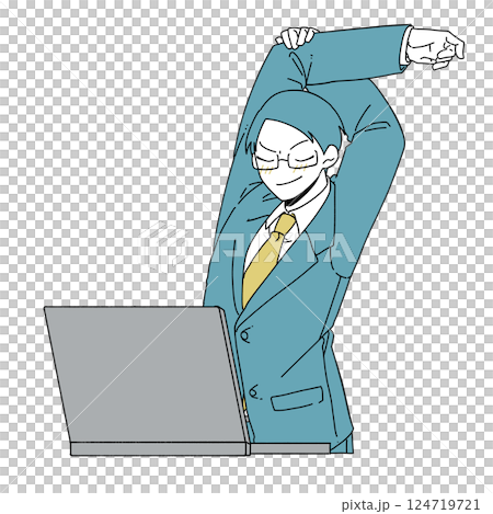 A serious-looking male office worker stretching in front of a laptop 124719721