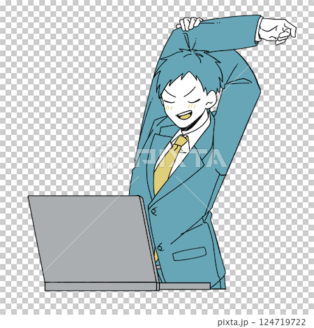 A male office worker stretching in front of a laptop A male office worker stretching in front of a laptop 124719722