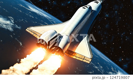 宇宙へ飛び立つロケットのイラスト 124719807