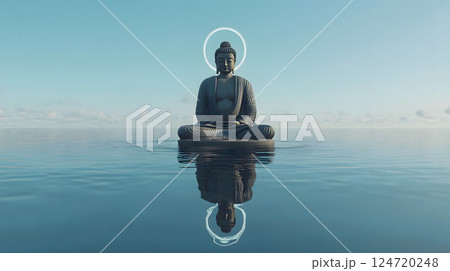 静かな湖面の水平線で仏像が瞑想をしている風景 124720248