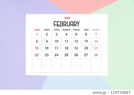 February calendar card for 2026 year on colorful background. February calendar card for 2026 year on colorful background. 124720667