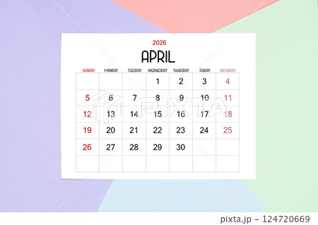 April calendar card for 2026 year on colorful background. 124720669