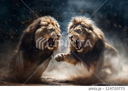 A Fierce Lion Confrontation Unfolds Within a Dramatic Natural Landscape Environment 124720773