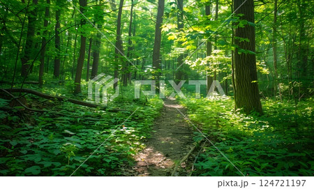 Lush Green Forest Trail with Dappled Sunlight Filtering Through Leaves,Inviting Summer Adventure Lush Green Forest Trail with Dappled Sunlight Filtering Through Leaves,Inviting Summer Adventure 124721197