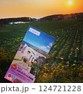 夕日と畑を背景に観光パンフレットを掲げる　旅情あふれる田園風景 124721228