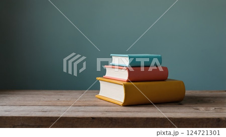 Pile of Colorful Books on Wooden Desk with a Neutral Background 124721301