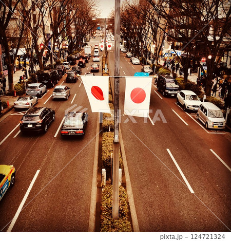 日本国旗が並ぶ並木道と交通量の多い都市の風景 日本国旗が並ぶ並木道と交通量の多い都市の風景 124721324