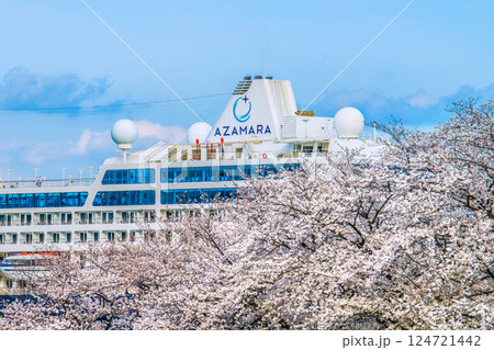 日本の横浜都市景観初入港した新港ふ頭客船ターミナルのアザマラ・パシュート。満開の桜…=5日 日本の横浜都市景観初入港した新港ふ頭客船ターミナルのアザマラ・パシュート。満開の桜…=5日 124721442