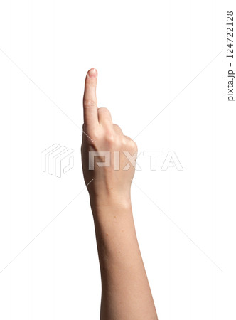 Finger pointing up. Female hand with index gesture showing direction, touch, click or select button. 124722128