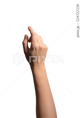 Hand with finger pointing. Woman making gesture to click, tap, push or select button, showing symbol Hand with finger pointing. Woman making gesture to click, tap, push or select button, showing symbol 124722130